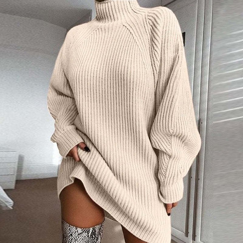 Turtle Neck  Casual Plain Color Sweater Short Dress