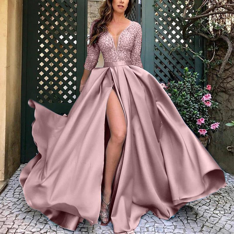 Elegant Sequins Split Long Sleeve Evening Dress
