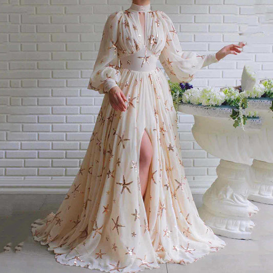 Elegant Lantern Sleeve Embroidery Chiffon Long Sleeve Dress
