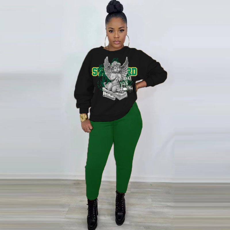 Printing Long Sleeve Sweatshirt Top And Trouser Sets For Women