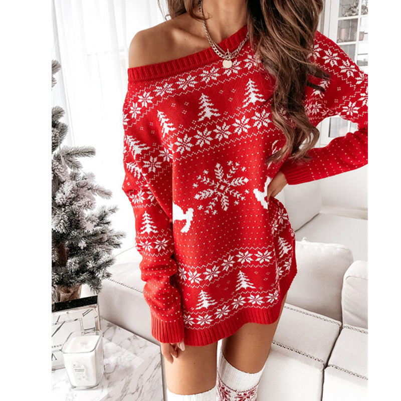 Christmas Loose Jacquard Knitted Long Sleeve Dress