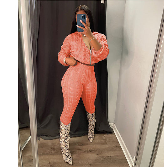 Solid Spring Matching Hooded Collar  2piece Sets Women