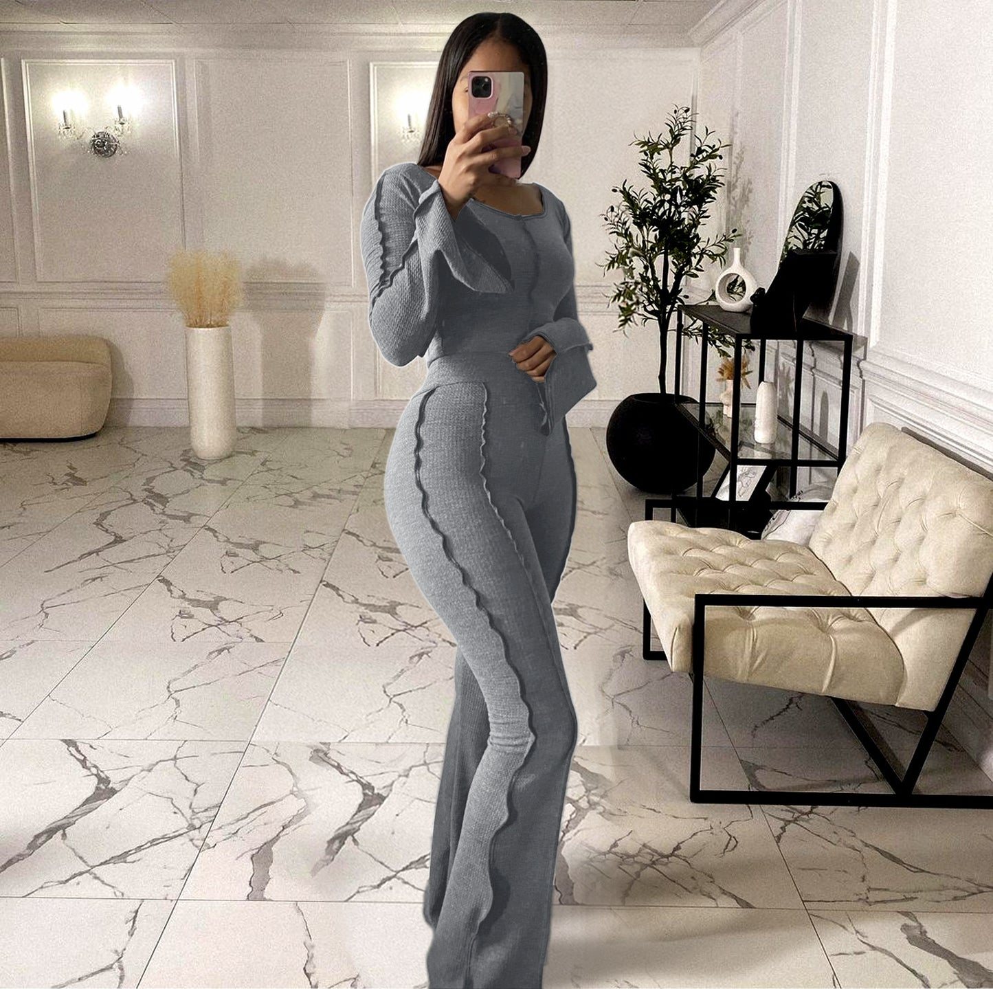 Pure Color Casual Sports Flare Sleeve Two-Piece Suit