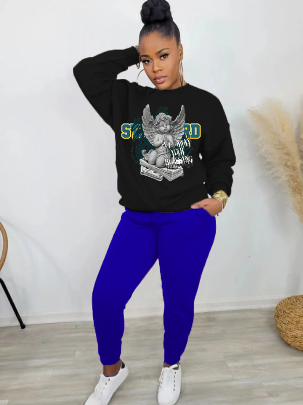 Printing Long Sleeve Sweatshirt Top And Trouser Sets For Women