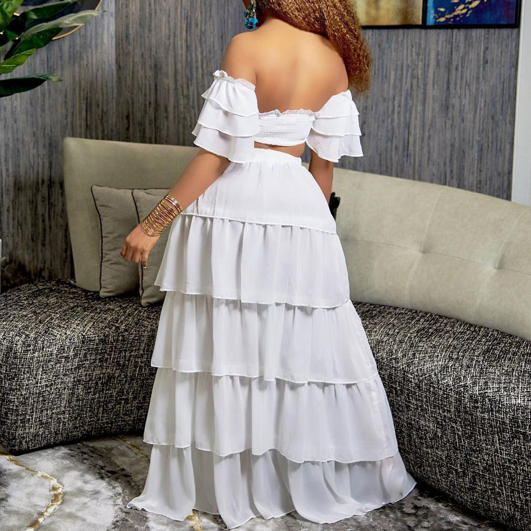 Ruffles Off The Shoulder Cropped Top And Maxi Skirt Sets