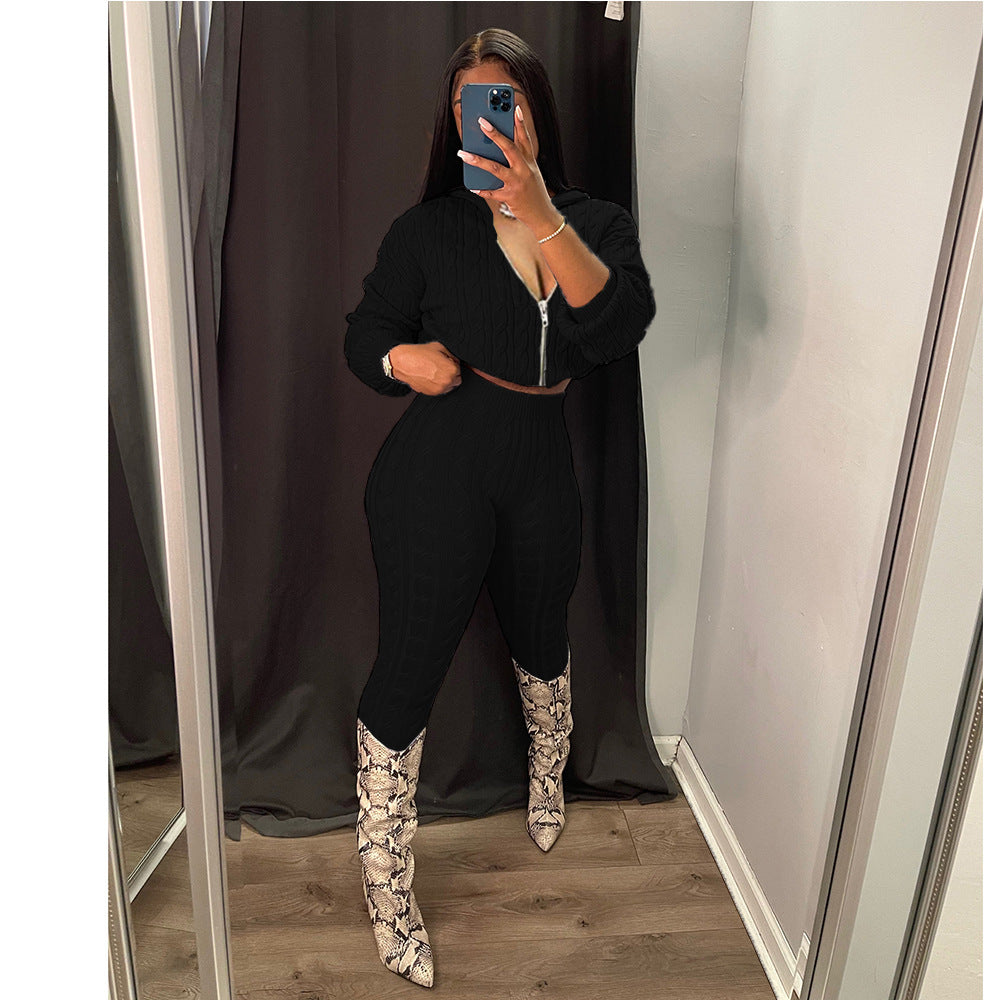 Solid Spring Matching Hooded Collar  2piece Sets Women