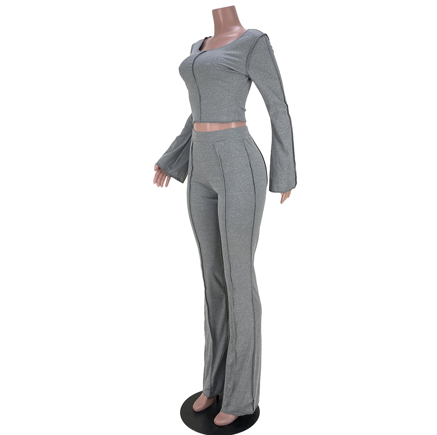 Pure Color Casual Sports Flare Sleeve Two-Piece Suit