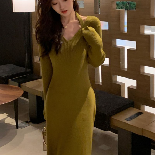 Slim Pure Color Knitting Long Sleeve Dress