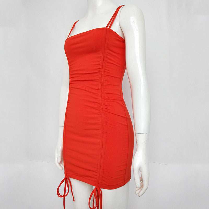 Sexy Pure Color Ruched Drawstring Sleeveless Dress
