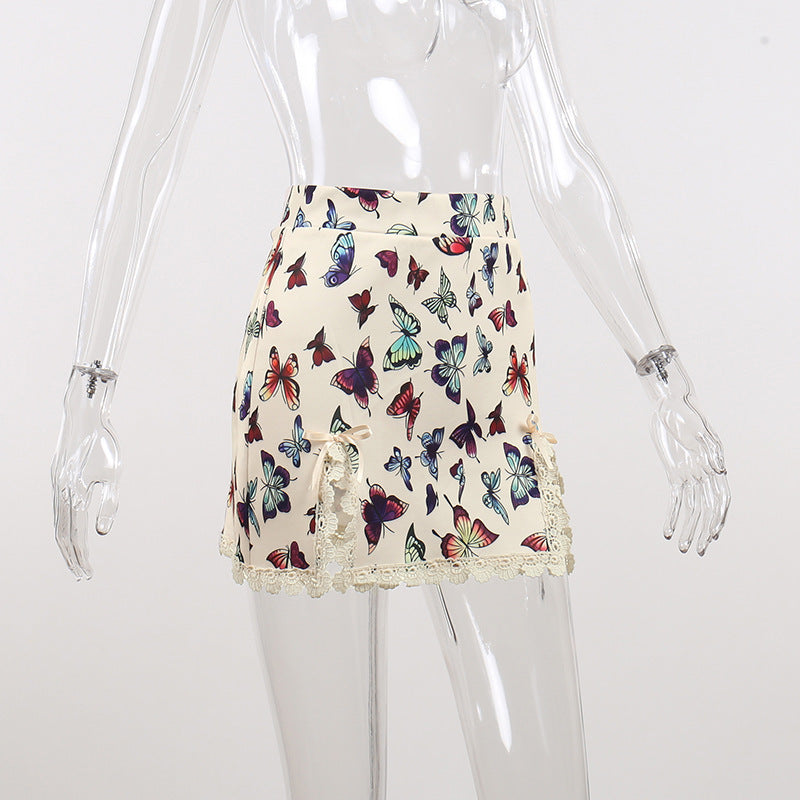 Butterfly Pattern Split Hem Lace Skirt