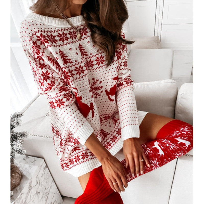 Christmas Loose Jacquard Knitted Long Sleeve Dress