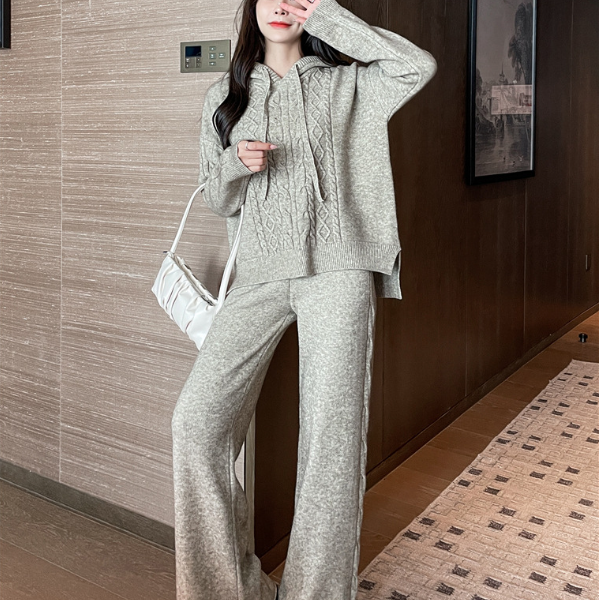 Pure Color Hooded Knitting Women's Trouser Sets