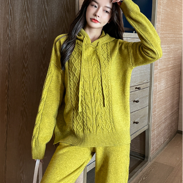 Pure Color Hooded Knitting Women's Trouser Sets