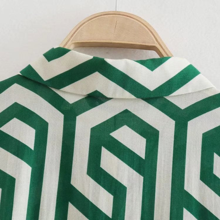 Geometric Print Loose Ruffle  Fall Shirt Midi  Dress