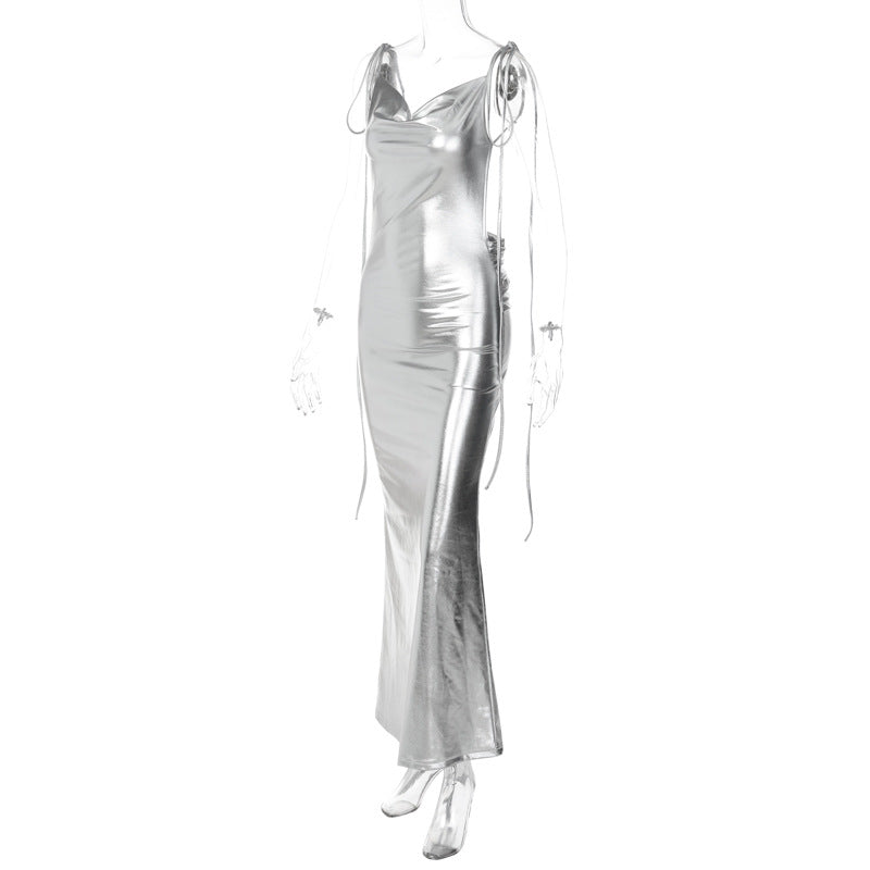 Silvery  Spaghetti Straps  Backless Party Maxi Dress