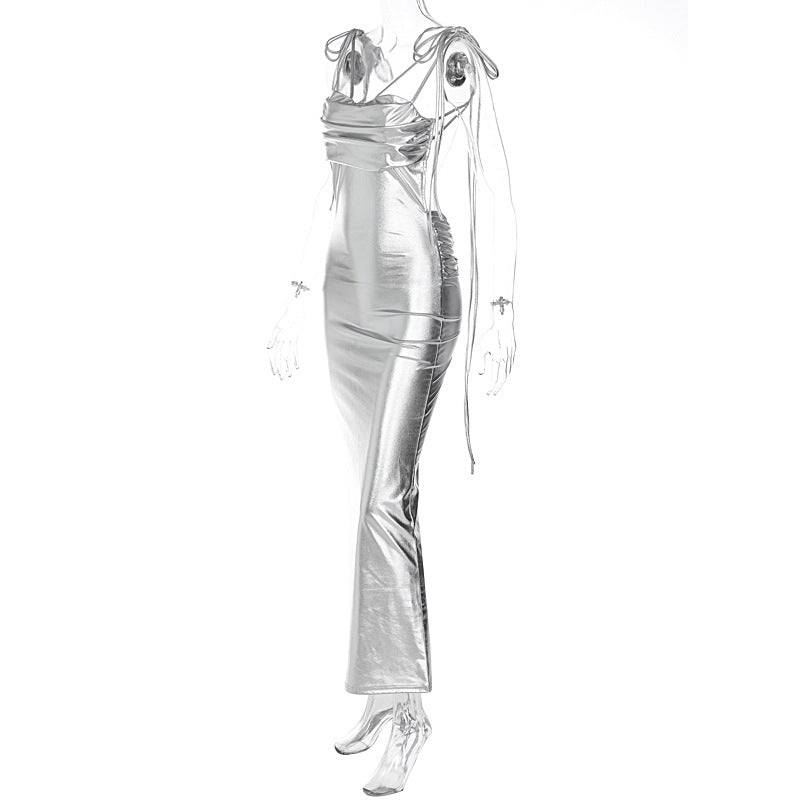 2023 Sexy Backless Silvery Ladies Sleeveless Long Dress