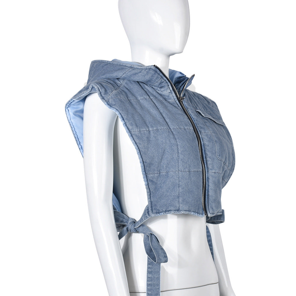 Fashion Trend Hooded Light Blue Sleeveless Denim Vest