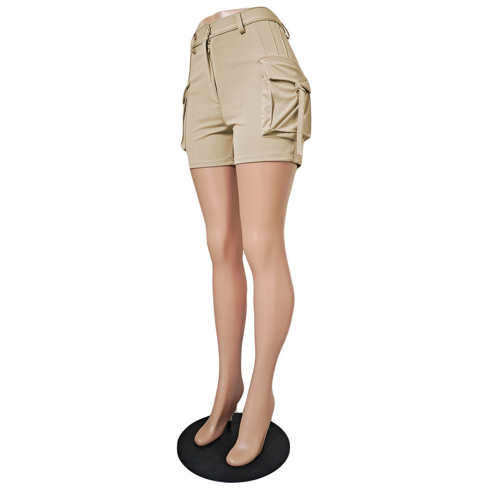 Women Casual Pure Color Pockets High Waist Shorts