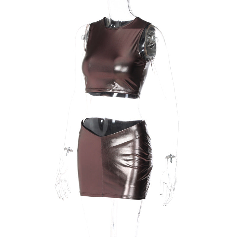 Brown Cropped Tank Top And Mini Skirt Sets For Sexy Women