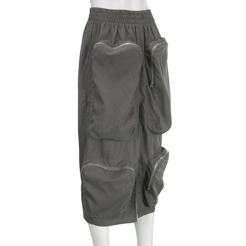 Designer Zip Pockets Elastic Waist  Loose Cargo Midi Skirts