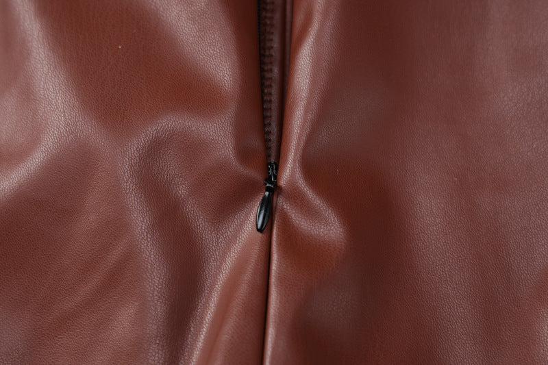 Sexy PU Leather Zipper Up Strapless Slit Mini Dress