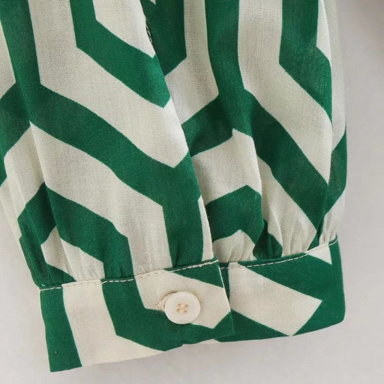 Geometric Print Loose Ruffle  Fall Shirt Midi  Dress