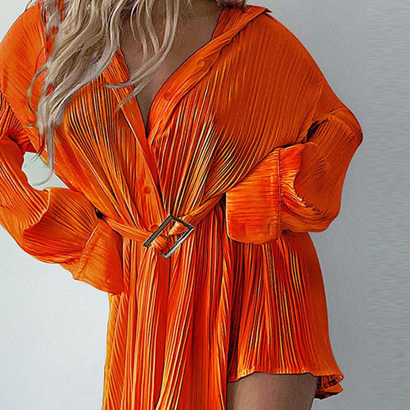 Casual Pure Color Pleated Women's Long Sleeve Dress
