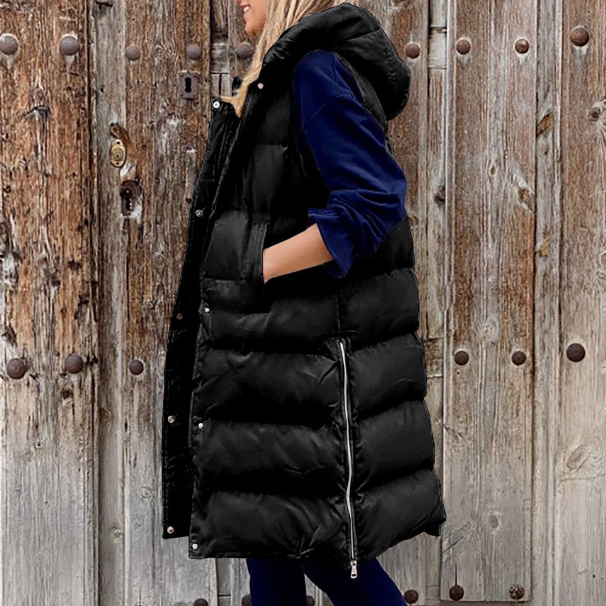 Pure Color Temperament Hooded Sleeveless Down Coats