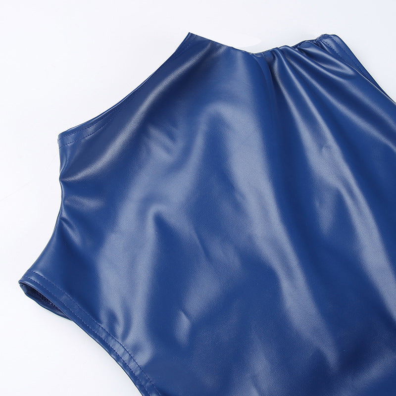 Sexy Mid-High Neck Leather Sleeveless Women's Dress