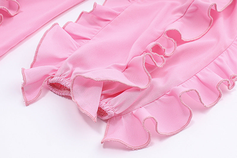 Tie Wrap  Ruffled  Pink Long Sleeve Tops