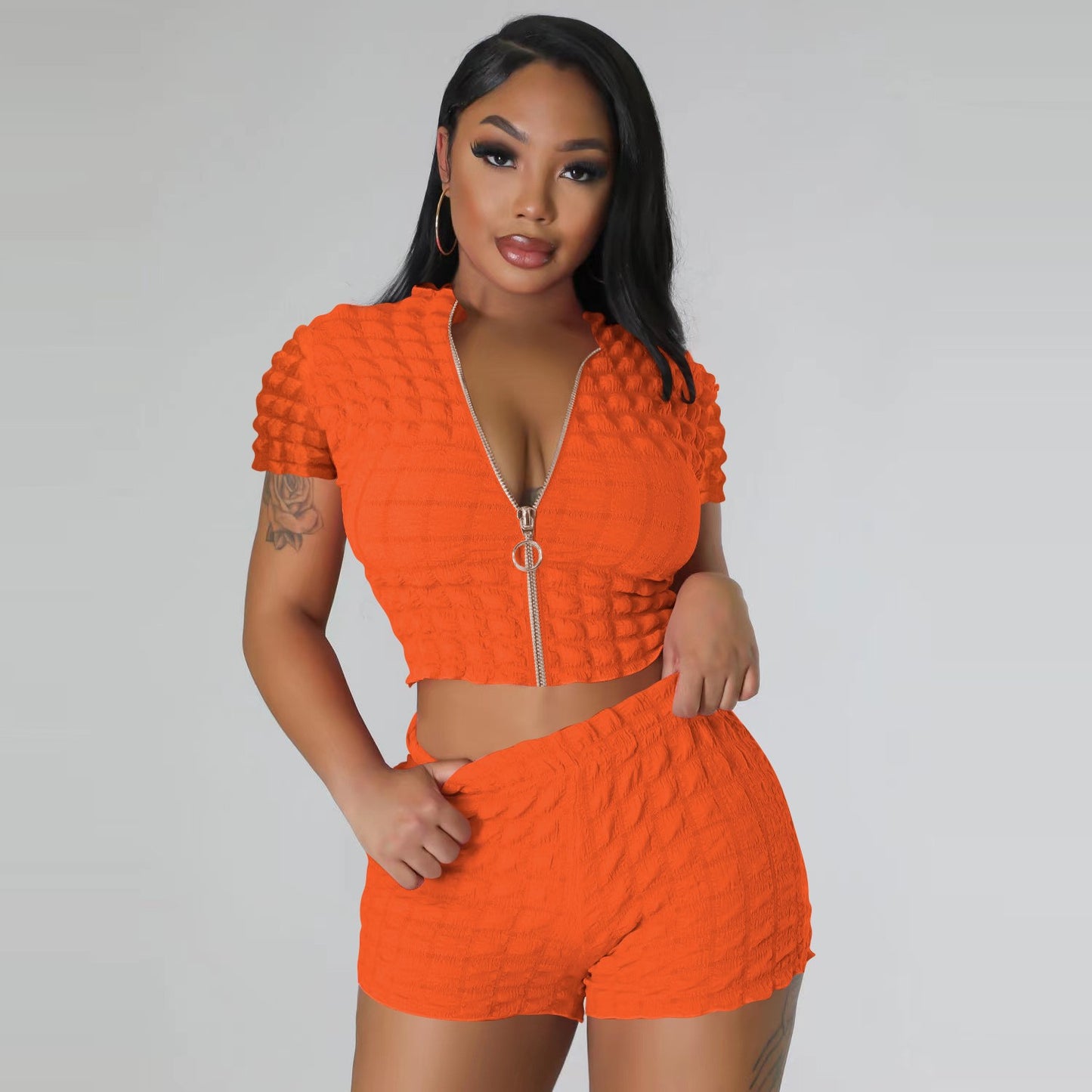 Zip Cropped Summer Top And Short Sets For Women