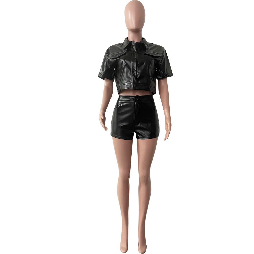 Black PU Leather 2 Piece Short Outfit Sets
