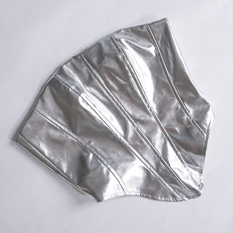 PU Leather Silvery Strapless Zip Top And Skirt Sets