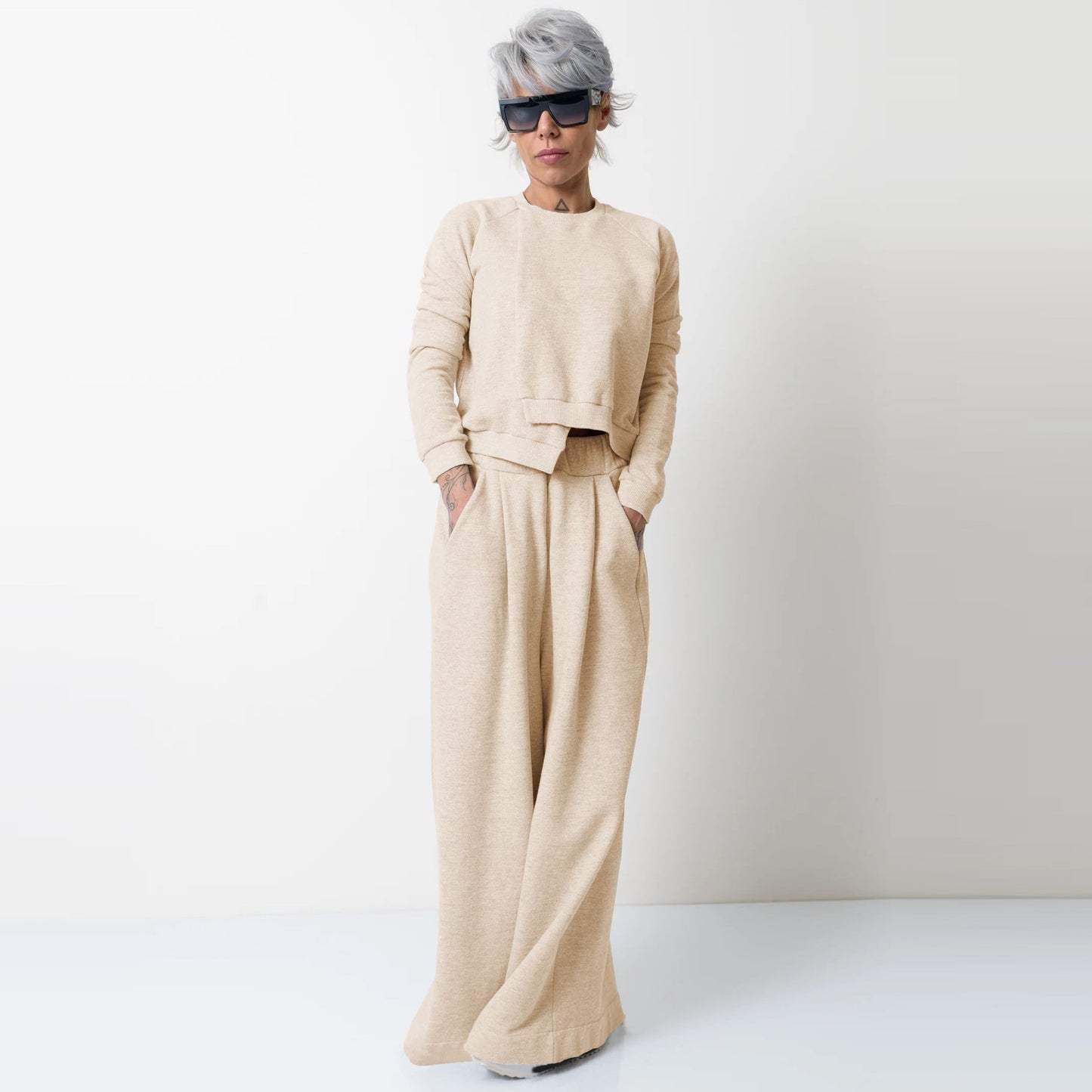Irregular Matching Solid Wide Leg Trouser And Top Sets