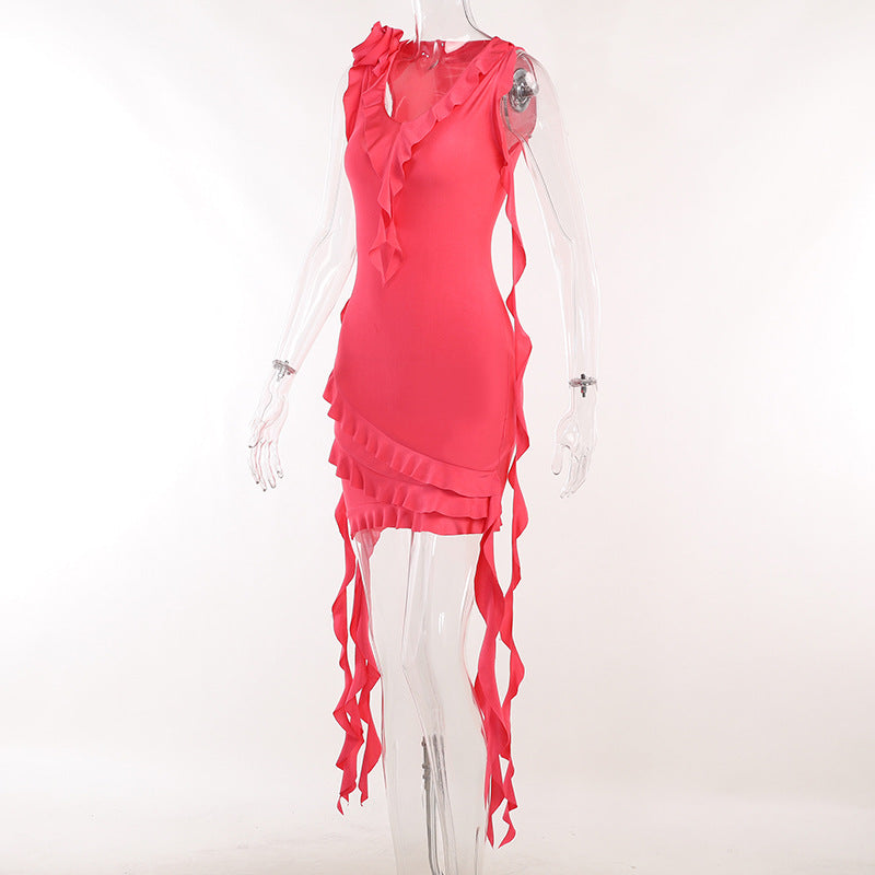 Pink Flower V Neck  Irregular  Patchwork Designer Party Dress