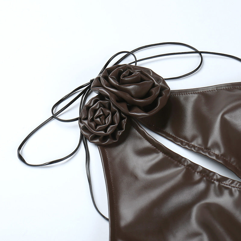 Sexy Halter Backless Cutout Leather Sleeveless Dress