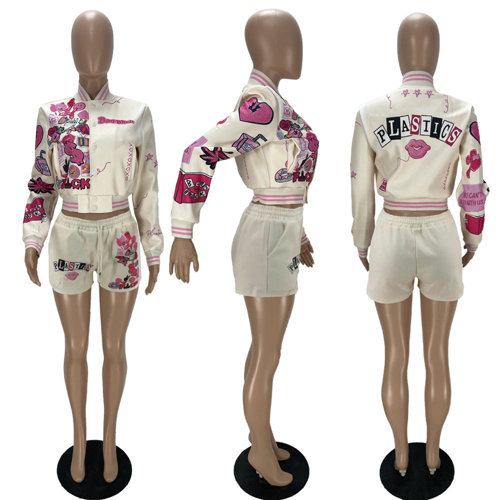 Fashion Printing Baseball Jacket Shorts Set For Woman