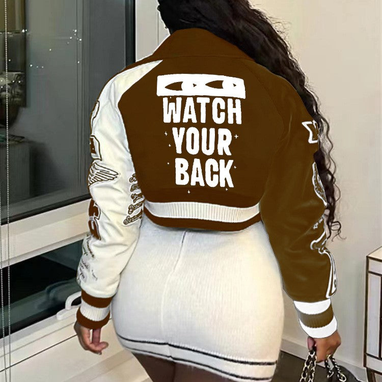 Casual Letter Printing Contrast Color Baseball Jacket