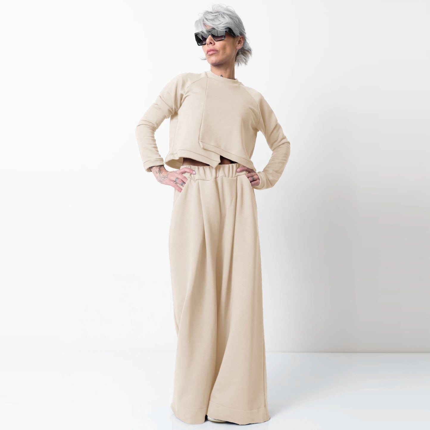 Irregular Matching Solid Wide Leg Trouser And Top Sets