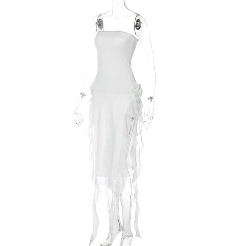 Designer Slit Flower Patchwork Strapless Maxi Dress