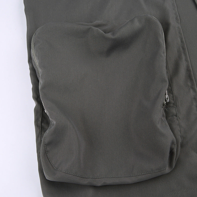 Designer Zip Pockets Elastic Waist  Loose Cargo Midi Skirts
