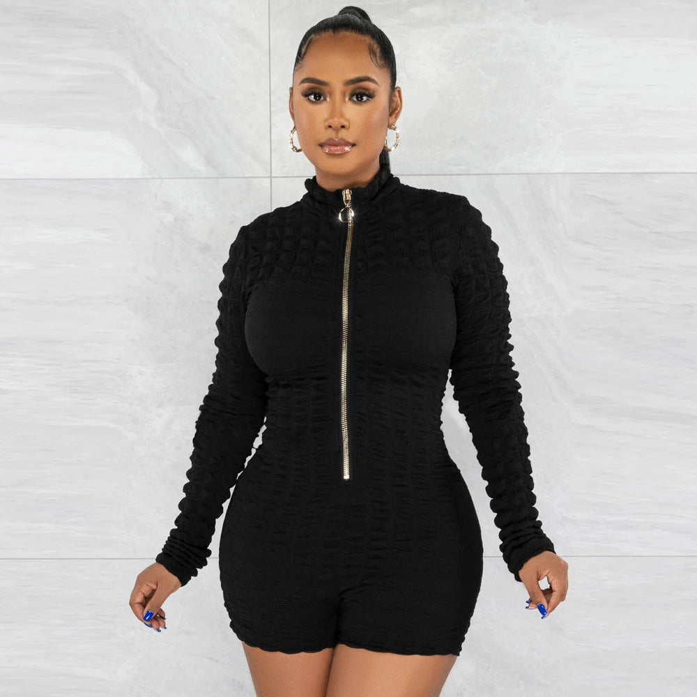 Tight Pure Color Zipper Long Sleeve Rompers