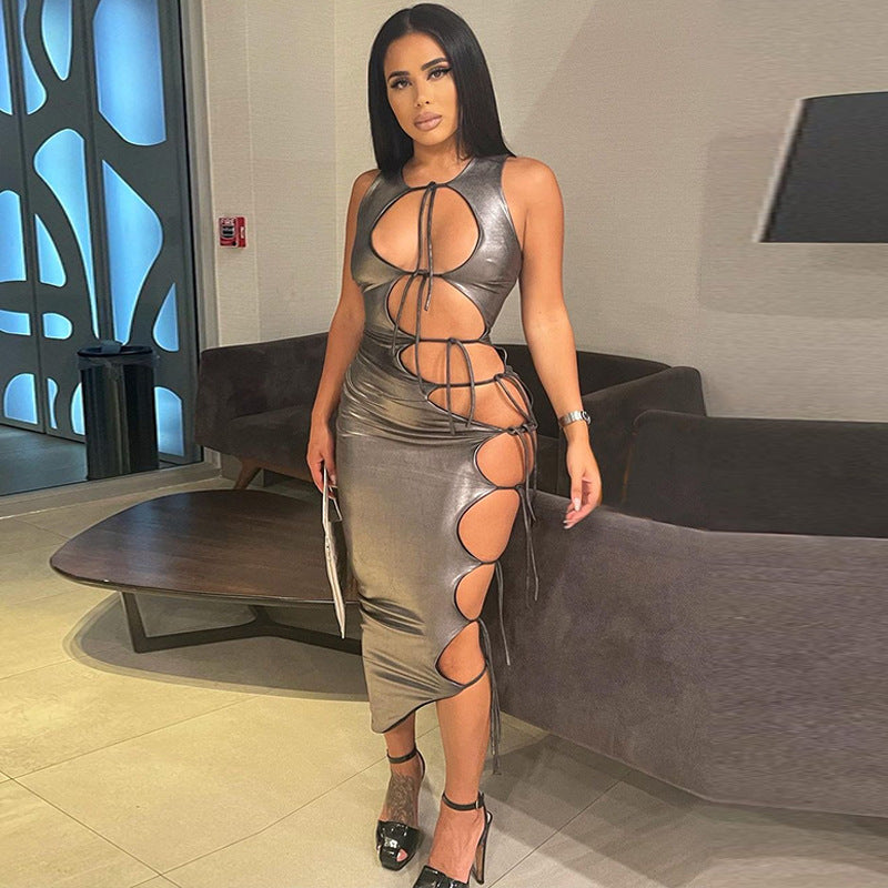 Sexy Hollowed Out Lace Up Gray Sleeveless Dress