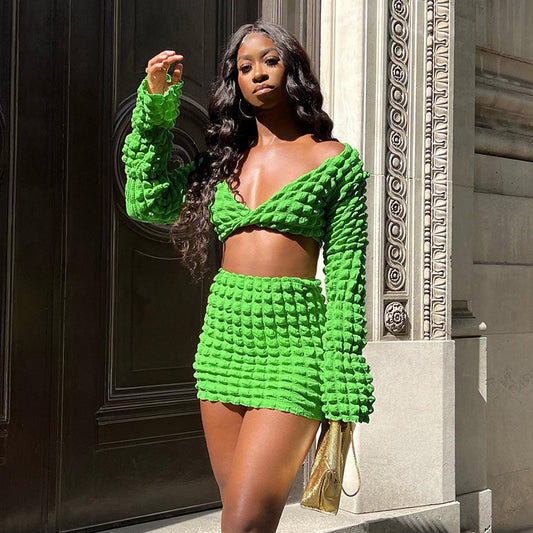 Fashion Green Crop Top And Skirt Women's Suit