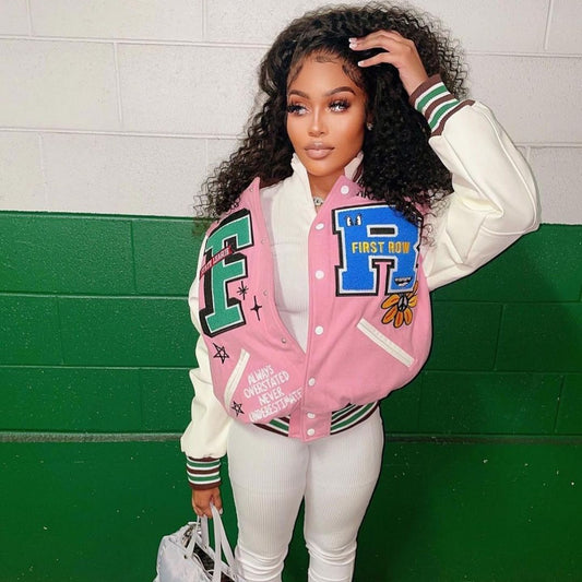 Autumn Casual Pink Letter Baseball Jacket
