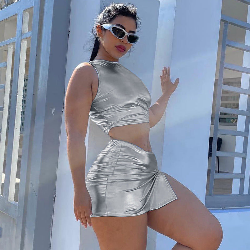 Silvery  Tank Top And Slit Mini Skirt Sets