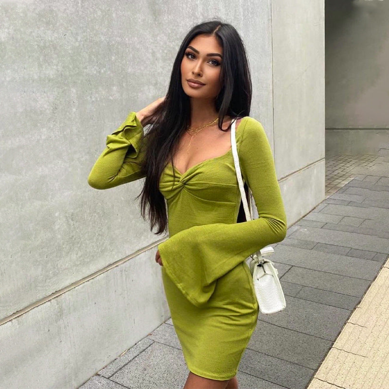 Sexy Pure Color Slim Flare Sleeve Dress