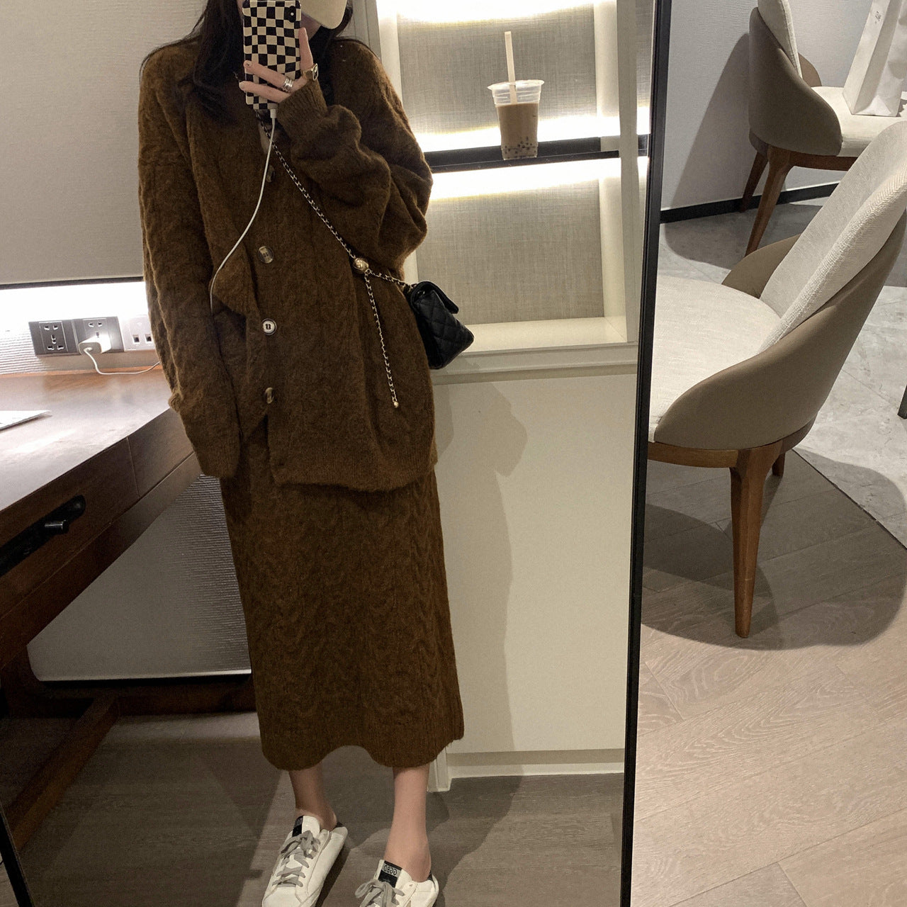 V Neck Solid Sweater Coat And Maxi Skirt Sets