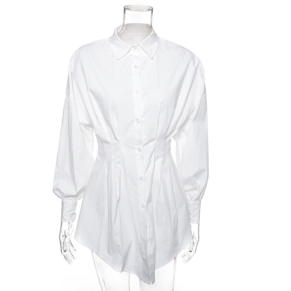 Stylish White Ruched Solid Long Sleeve Shirt Dress