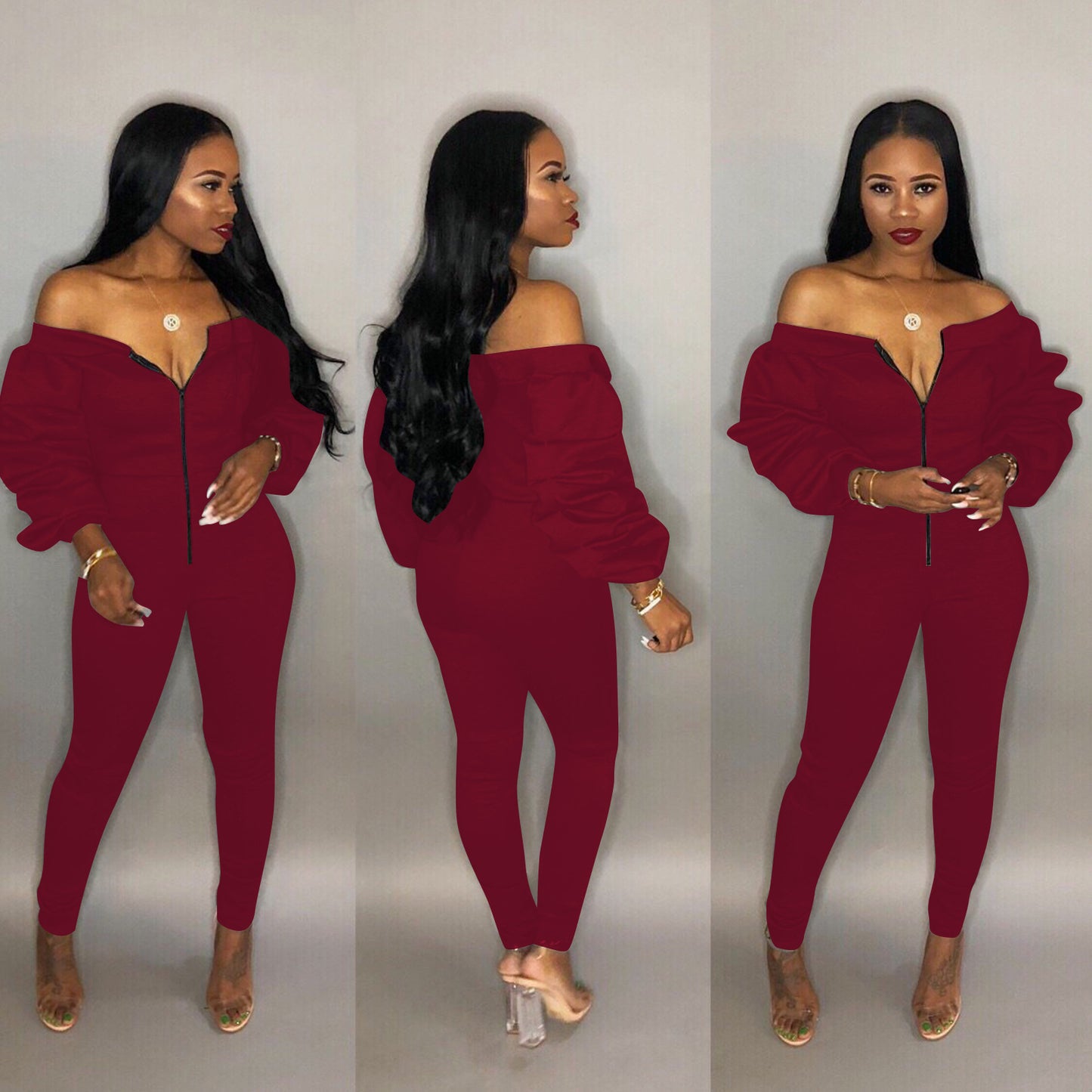 Puff Sleeve Thickened Zipper Jumpsuit